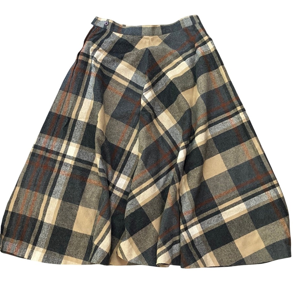 Vintage Plaid A-Line Skirt Women 12 Brown Tan Union Made USA Midi Skirt - Picture 1 of 5